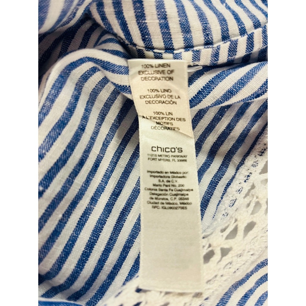 Chicos 2 (M 10-12) Blue Linen Blouse Striped Crochet Nautical Coastal Boho Fairy - Picture 4 of 4